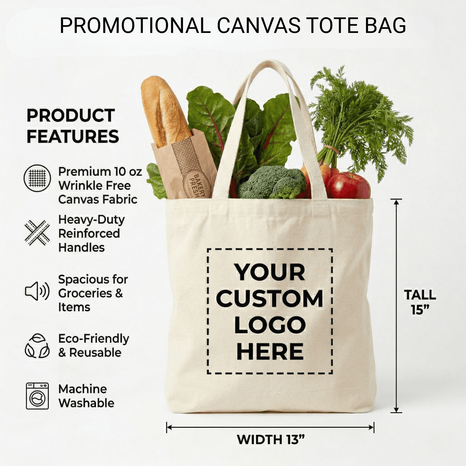 Custom Tote Bags with Logo in Bulk | Personalized 10oz Durable Canvas Shopping Bags Full Color Printed 3 custom canvas tote